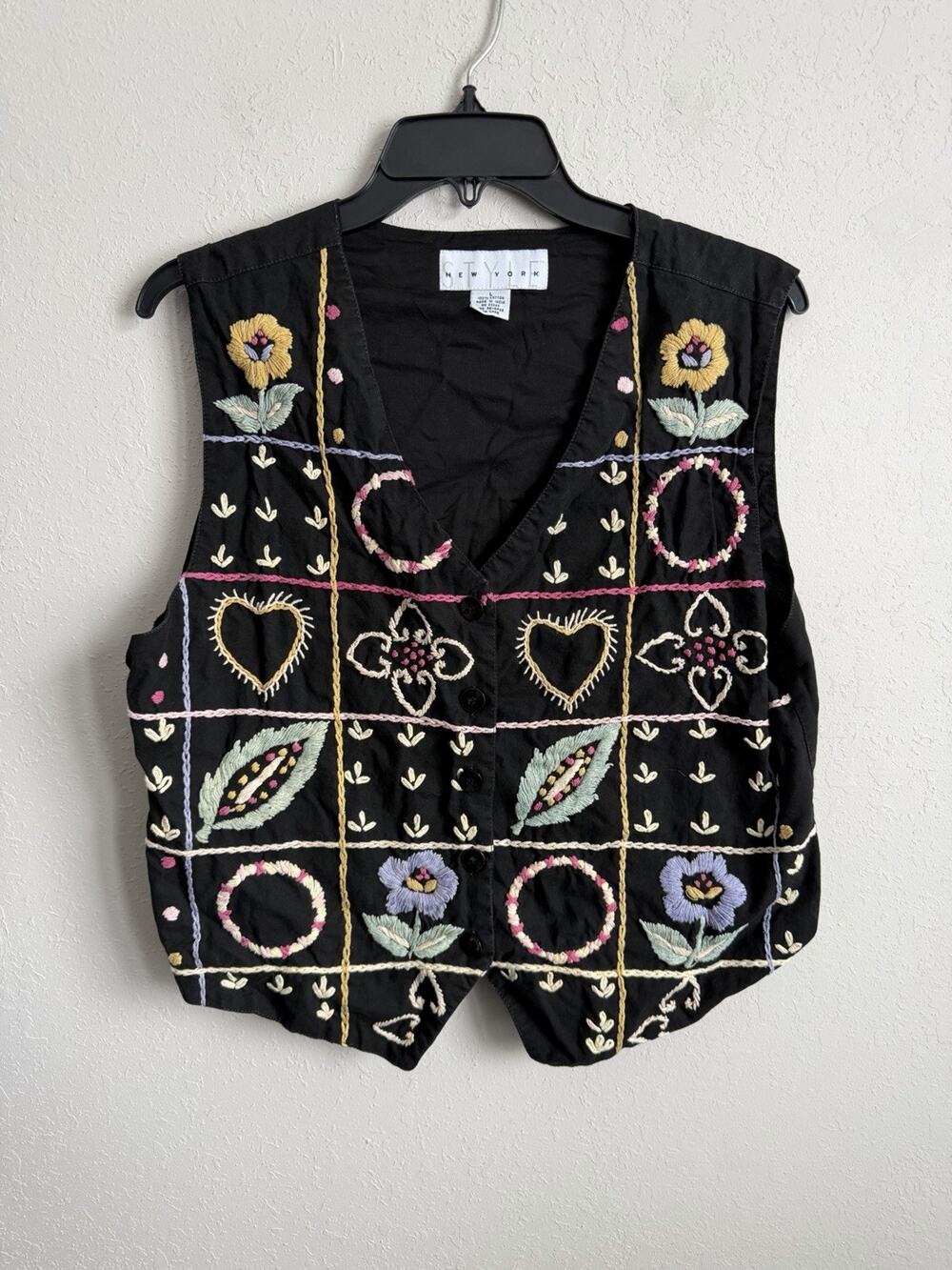 Style New York Black Embroidered Grandma Doily Chore Vest Womens L Eclectic